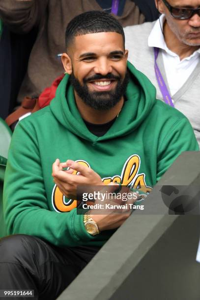 Rapper Drake attends day eight of the Wimbledon Tennis Championships at the All England Lawn Tennis and Croquet Club on July 10, 2018 in London,...