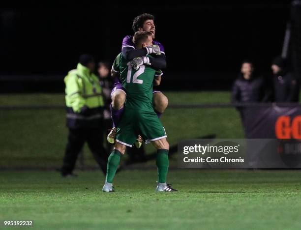 Bentleigh Greens players celebrate winning the NPL Dockerty Cup match between Heidelberg United and Bentleigh Greens at Jack Edwards Reserve on July...