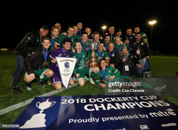 Bentleigh Greens players celebrate winning the cup during the NPL Dockerty Cup match between Heidelberg United and Bentleigh Greens at Jack Edwards...