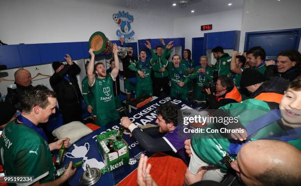 Bentleigh Greens players celebrate winning the cup during the NPL Dockerty Cup match between Heidelberg United and Bentleigh Greens at Jack Edwards...