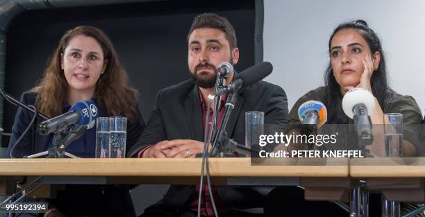 Abdulkerim Simsek , son of murdered Enver Simsek, his lawyer Seda Basay and Gamze Kubasik, daughter of murdered Mehmet Kubasik attend a press...