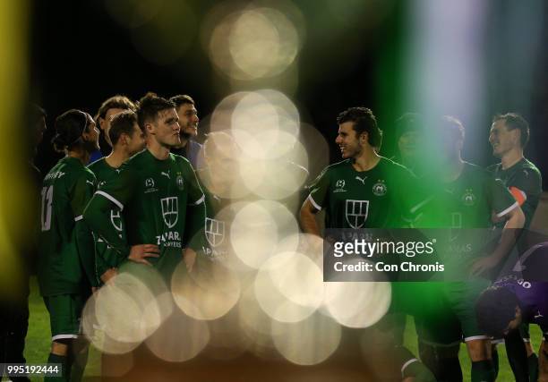 Bentleigh Greens players celebrate winning the cup during the NPL Dockerty Cup match between Heidelberg United and Bentleigh Greens at Jack Edwards...