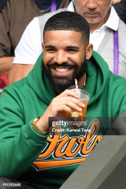 Rapper Drake attends day eight of the Wimbledon Tennis Championships at the All England Lawn Tennis and Croquet Club on July 10, 2018 in London,...