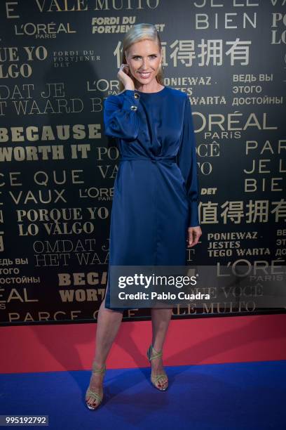 Spanish model Judit Masco attends the L'Oreal Paris Stand during the Mercedes-Benz Fashion Week Madrid Spring/Summer 2019 at IFEMA on July 10, 2018...