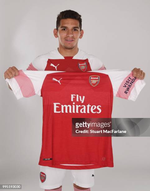 Arsenal unveil new signing Lucas Torreira at London Colney on July 10, 2018 in St Albans, England.