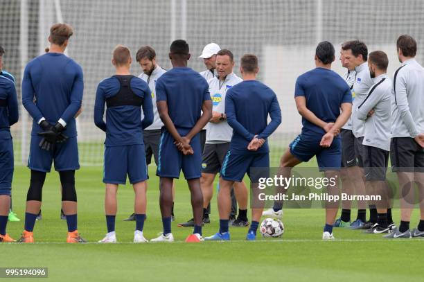 Coach Pal Dardai of Hertha BSC speaks with the players before the training at the Schenkendorfplatz on July 10, 2018 in Berlin, Germany.