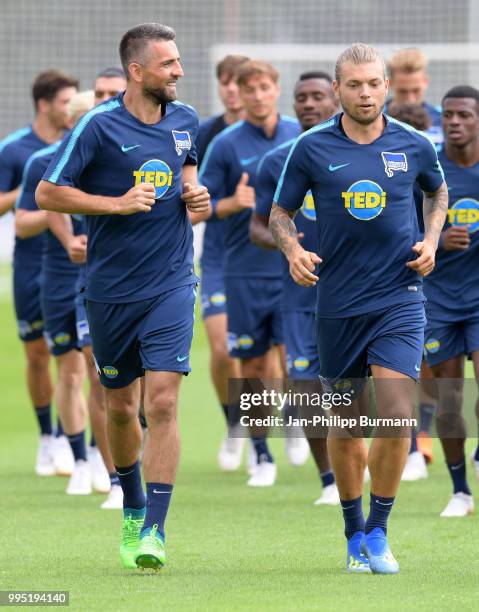 Vedad Ibisevic and Alexander Esswein of Hertha BSC during the training at the Schenkendorfplatz on July 10, 2018 in Berlin, Germany.