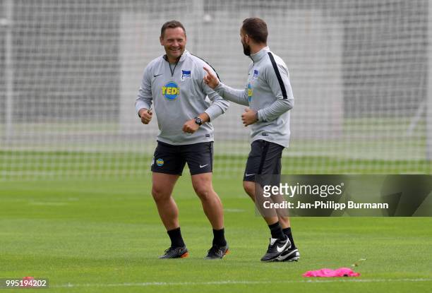 Coach Pal Dardai and assistant coach Admir Hamzagic of Hertha BSC during the training at the Schenkendorfplatz on July 10, 2018 in Berlin, Germany.