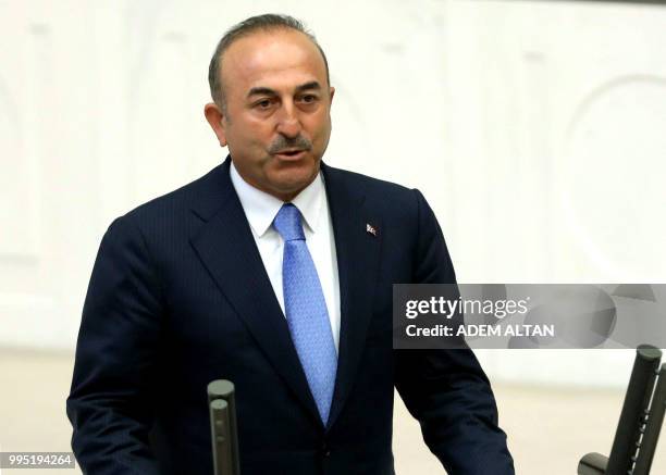 Turkey's newly appointed Foreign Minister Mevlut Cavusoglu swears in at the Grand National Assembly of Turkey in Ankara, Turkey on July 10, 2018.