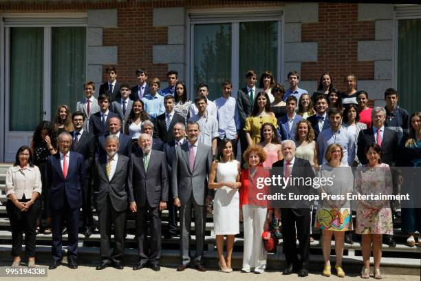 King Felipe VI of Spain, Alberto Aza, Queen Letizia of Spain and Carmen Iglesias attend several audiences at Zarzuela Palace on July 10, 2018 in...