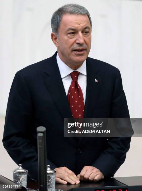 Turkey's newly appointed National Defence Minister Hulusi Akar swears in at the Grand National Assembly of Turkey in Ankara, Turkey on July 10, 2018.