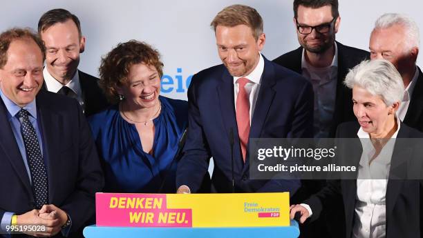 Christian Lindner , the head of the liberal FDP and its top candidate in the German general election, and senior party members Alexander Graf...