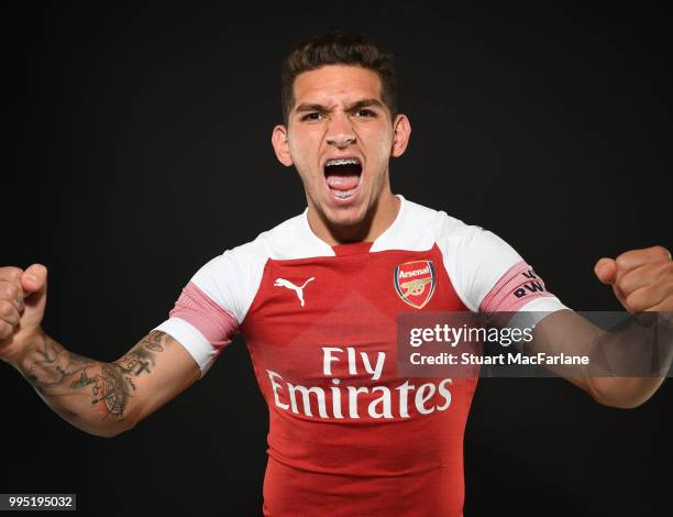 Arsenal unveil new signing Lucas Torreira at London Colney on July 10, 2018 in St Albans, England.