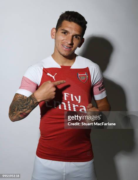 Arsenal unveil new signing Lucas Torreira at London Colney on July 10, 2018 in St Albans, England.