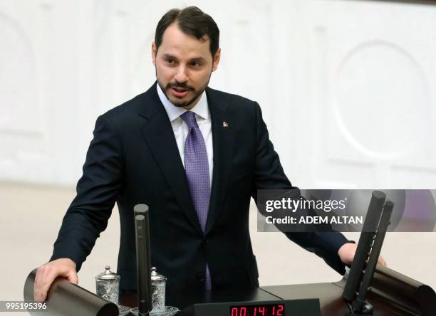 Turkey's newly appointed Minister of Treasury and Finance Berat Albayrak swears in at the Grand National Assembly of Turkey in Ankara, Turkey on July...