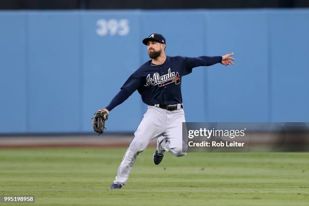 Ender Inciarte of the Atlanta Braves plays centerfield during the game against the Los Angeles Dodgers at Dodger Stadium on June 9, 2018 in Los...