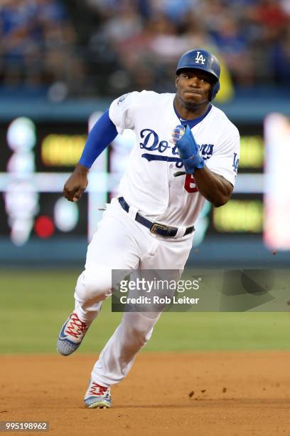 Yasiel Puig of the Los Angeles Dodgers runs during the game against the Atlanta Braves at Dodger Stadium on June 9, 2018 in Los Angeles, California....