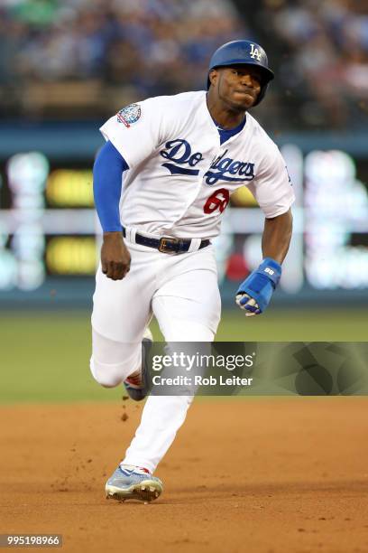 Yasiel Puig of the Los Angeles Dodgers runs during the game against the Atlanta Braves at Dodger Stadium on June 9, 2018 in Los Angeles, California....