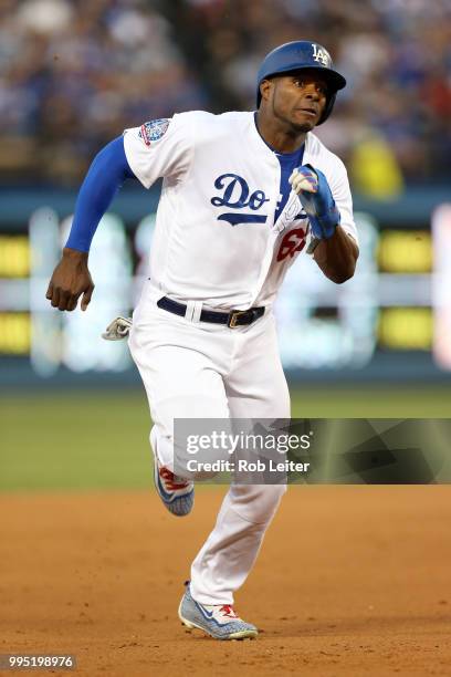 Yasiel Puig of the Los Angeles Dodgers runs during the game against the Atlanta Braves at Dodger Stadium on June 9, 2018 in Los Angeles, California....