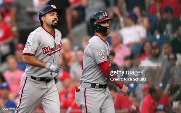 Anthony Rendon of the Washington Nationals and Bryce Harper after Rendon hit a home run during a game against the Philadelphia Phillies at Citizens...