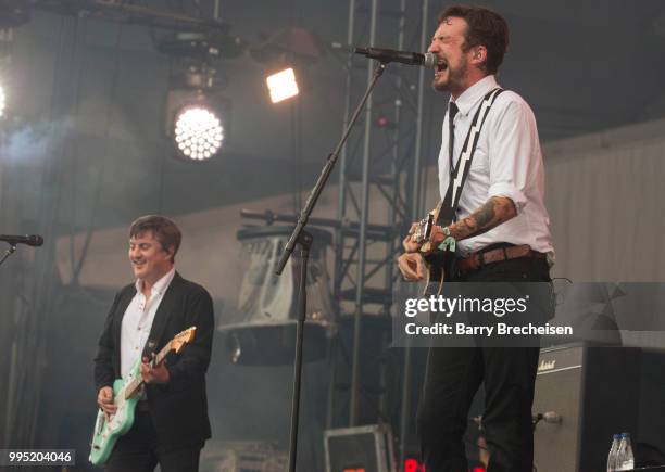 Frank Turner performs with band members of Frank Turner and The Sleeping Souls at the Festival dété de Québec on July 9, 2018 in Queandec City,...