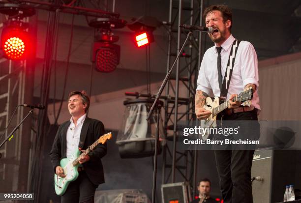 Frank Turner performs with band members of Frank Turner and The Sleeping Souls at the Festival dété de Québec on July 9, 2018 in Queandec City,...