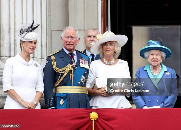 Sophie, Countess of Wessex, Prince Charles, Prince of Wales, Prince Andrew, Duke of York, Camilla, Duchess of Cornwall and Queen Elizabeth II watch...