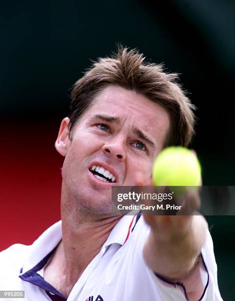 Todd Woodbridge of Australia on his way to victory over Christian Vinck of Germany during the first round of the Stella Artois Championships at...