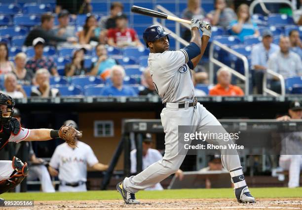 Lorenzo Cain of the Milwaukee Brewers bats during the game against the Miami Marlins at Marlins Park on Monday, July 9, 2018 in Miami, Florida.