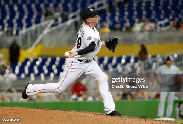 Brad Ziegler of the Miami Marlins pitches during the game against the Milwaukee Brewers at Marlins Park on Monday, July 9, 2018 in Miami, Florida.