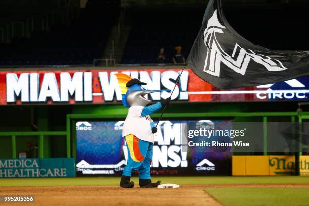 Billy the Marlin celebrates the walk off win after the game against the Milwaukee Brewers at Marlins Park on Monday, July 9, 2018 in Miami, Florida.