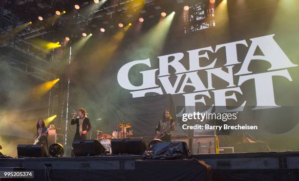 Sam Kiszka, Joshua Kiszka and Jake Kiszka of Greta Van Fleet perform at the Festival dété de Québec on July 9, 2018 in Queandec City, Canada.