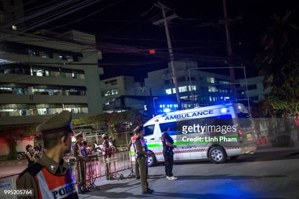 July 10: The last rescued schoolboys & their coach arrives to Chiangrai Prachanukroh Hospital on July 10, 2018 in Chiang Rai, Thailand. Divers began...