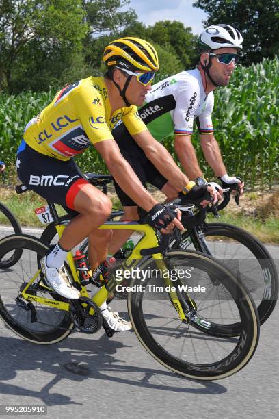 Greg Van Avermaet of Belgium and BMC Racing Team Yellow Leader Jersey / Mark Cavendish of Great Britain and Team Dimension Data / during the 105th...