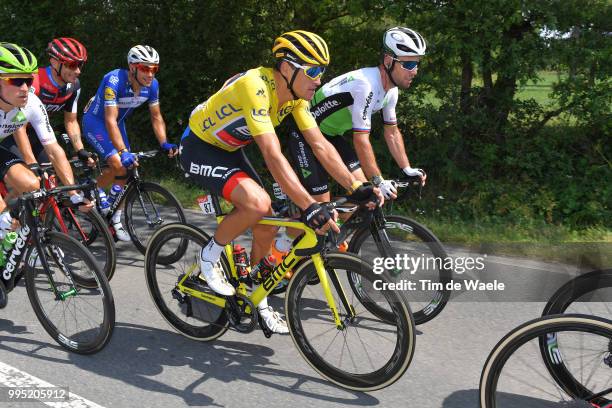 Greg Van Avermaet of Belgium and BMC Racing Team Yellow Leader Jersey / Mark Cavendish of Great Britain and Team Dimension Data / during the 105th...