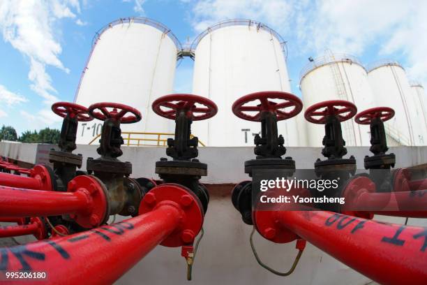 red pipe  and valve at a lubricant blending plant,china - yaorusheng stock pictures, royalty-free photos & images