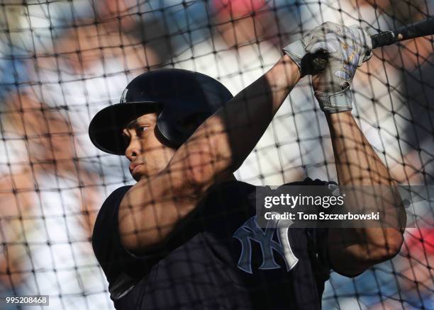 Giancarlo Stanton of the New York Yankees takes batting practice before the start of MLB game action against the Toronto Blue Jays at Rogers Centre...