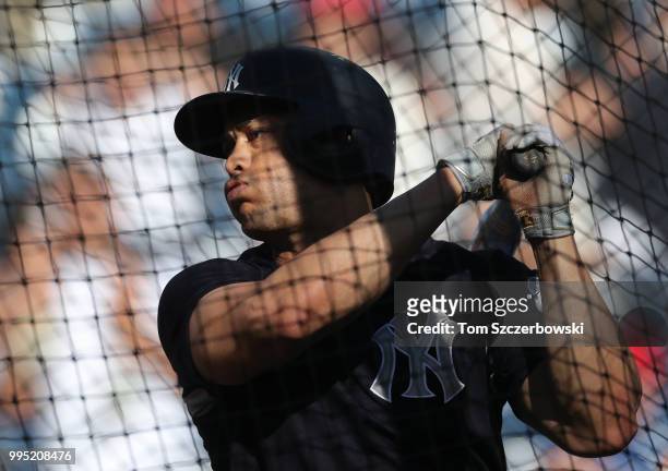 Giancarlo Stanton of the New York Yankees takes batting practice before the start of MLB game action against the Toronto Blue Jays at Rogers Centre...