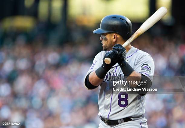 Gerardo Parra of the Colorado Rockies waits for a pitch in the third inning against the Seattle Mariners at Safeco Field on July 6, 2018 in Seattle,...