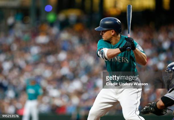 Kyle Seager of the Seattle Mariners waits for a pitch in the fourth inning against the Colorado Rockies at Safeco Field on July 6, 2018 in Seattle,...
