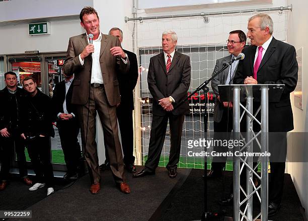 Dave Beasant, Ray Clemence, Jim Montgomery and Jim Rosenthal attend the 'Life Between The Sticks' exhibition at Getty Images Gallery on May 14, 2010...