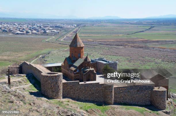 surp astvatsatsin church at khor virap monastery. - dormant volcano stock pictures, royalty-free photos & images