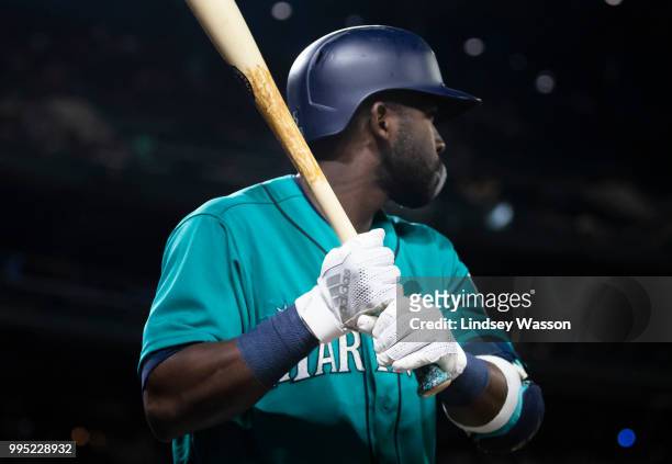 Guillermo Heredia of the Seattle Mariners wears Adidas batting gloves on deck in the eighth inning against the Colorado Rockies at Safeco Field on...