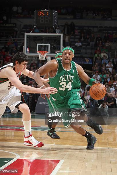 Paul Pierce of the Boston Celtics drives the ball against Ersan Ilyasova of the Milwaukee Bucks on March 9, 2010 at the Bradley Center in Milwaukee,...