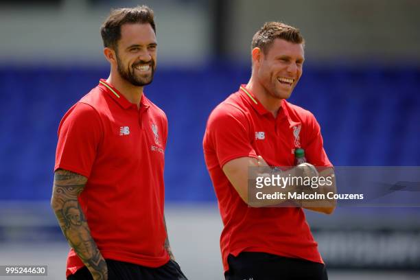 Danny Ings and James Milner of Liverpool react during the Pre-season friendly between Chester City and Liverpool at Swansway Chester Stadium on July...