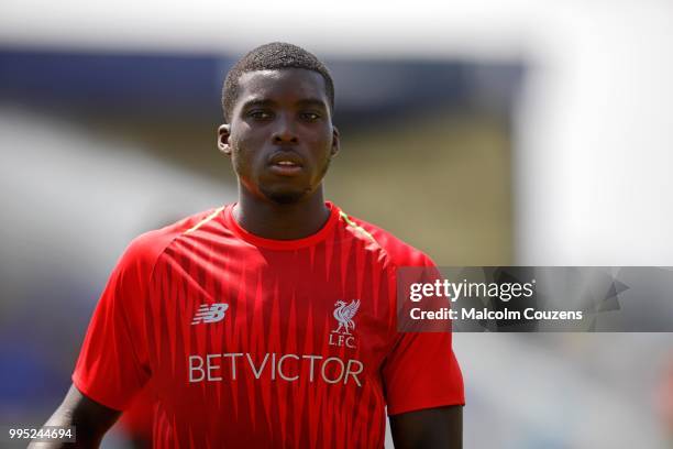 Sheyi Ojo of Liverpool looks on during the Pre-season friendly between Chester City and Liverpool at Swansway Chester Stadium on July 7, 2018 in...