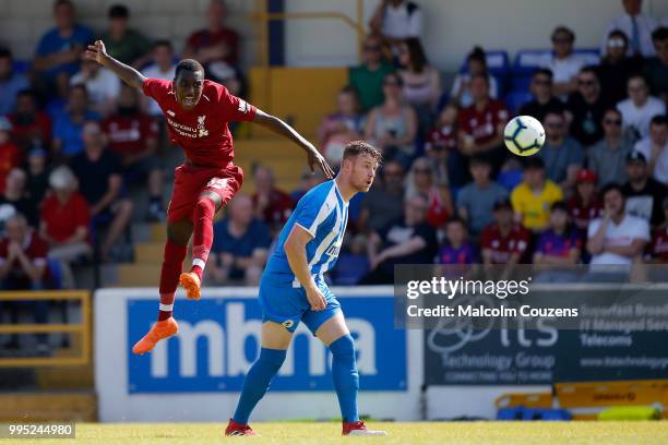 Sheyi Ojo of Liverpool heads the ball during the Pre-season friendly between Chester City and Liverpool at Swansway Chester Stadium on July 7, 2018...