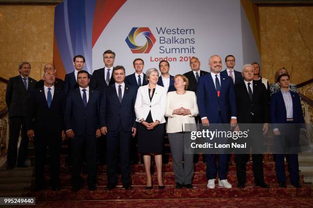 Leaders and delegates from the attending countries pose for the family photo during the Western Balkans Summit 2018 at Lancaster House on July 10,...