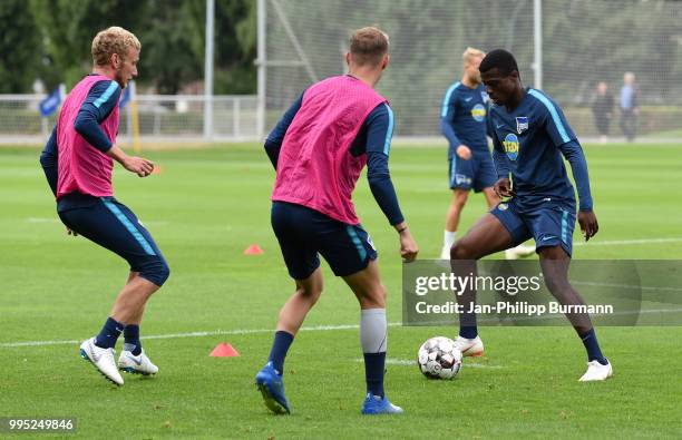 Fabian Lustenberger, Ondrej Duda and Javairo Dilrosun of Hertha BSC during the training at the Schenkendorfplatz on July 10, 2018 in Berlin, Germany.