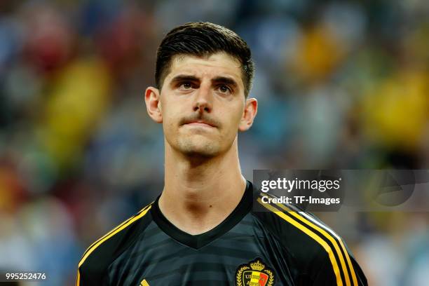 Torwart Thibaut Courtois of Belgium looks on during the 2018 FIFA World Cup Russia Quarter Final match between Brazil and Belgium at Kazan Arena on...